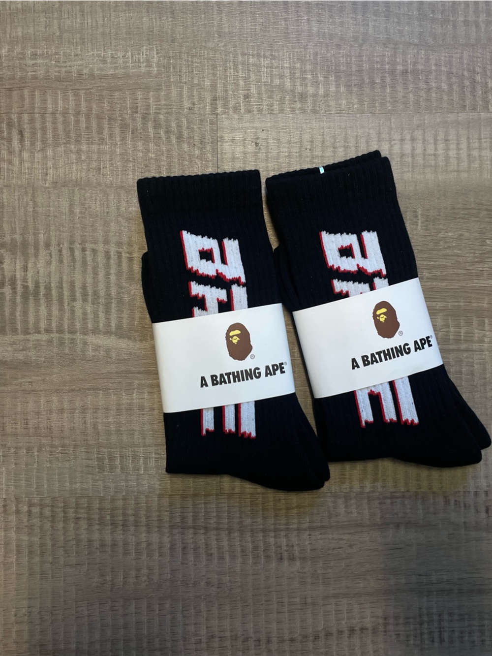 A Bathing Ape Black Crew Socks with Red & White Logo - Pack of 2